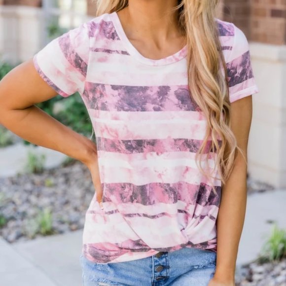 NWOT Pink Lily Pink Striped Tie Dye Top - Picture 2 of 8
